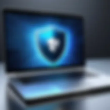 A laptop displaying a shield representing internet security