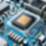 A close-up of a computer motherboard highlighting essential components.