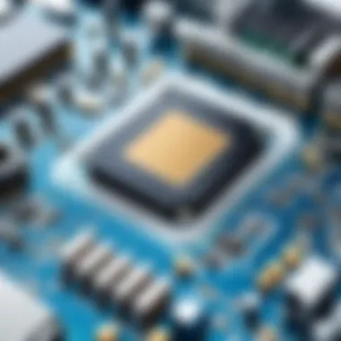 A close-up of a computer motherboard highlighting essential components.