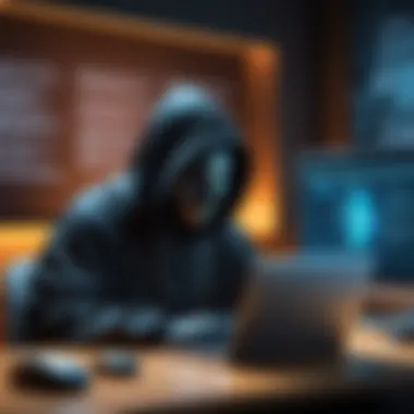 Anonymous Browsing in the Dark Web A cloaked figure using a computer in a dimly lit room