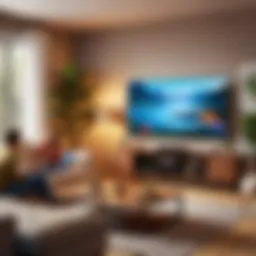 A cozy living room setup with a TV displaying Friends episodes
