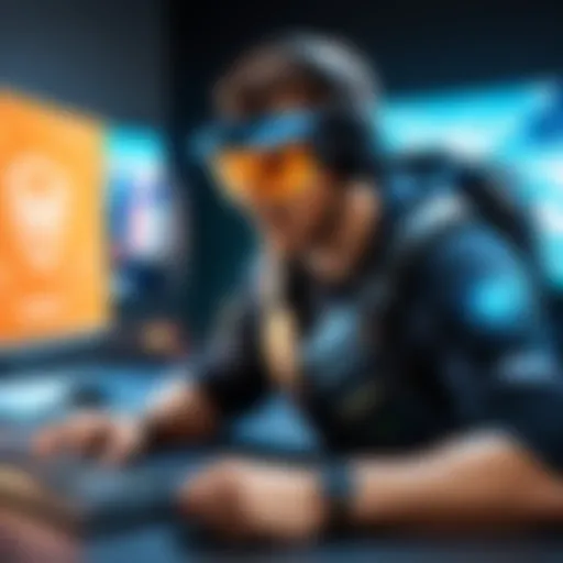 A gamer immersed in action while a virtual shield symbolizes cybersecurity