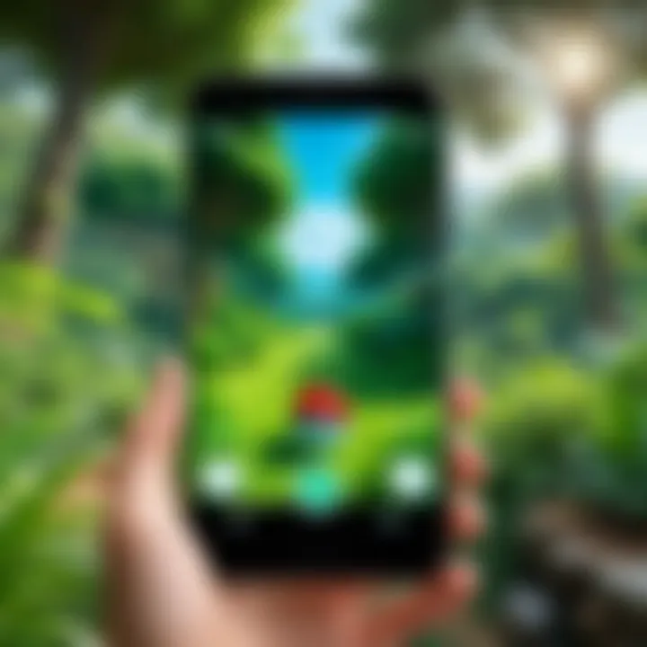 A scenic view with a PokéStop in focus, surrounded by lush greenery