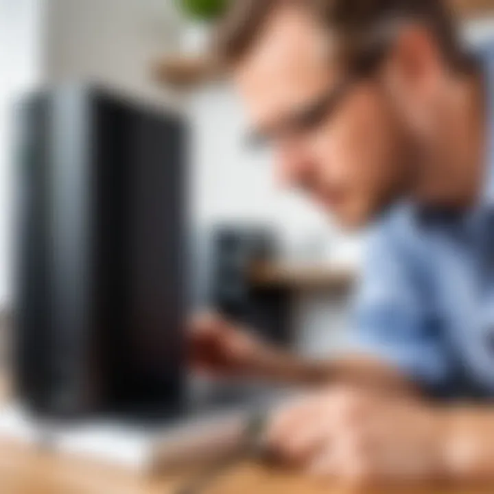 A user examining a cable modem for ISP information