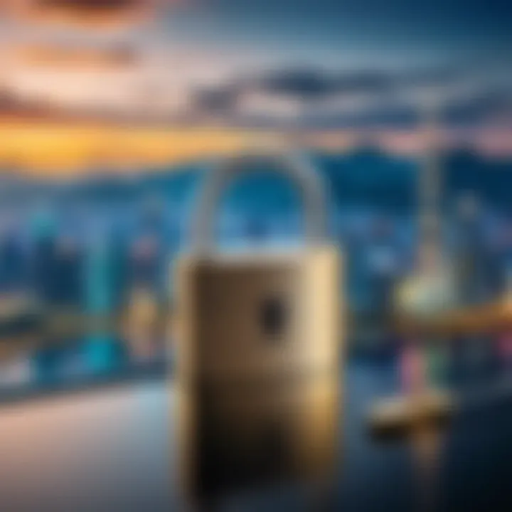 Illustration of a key unlocking a digital padlock with Malaysian landmarks in the background