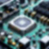 Close-up of a computer motherboard highlighting hardware components