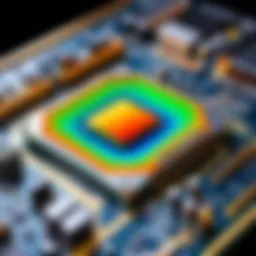 Thermal performance analysis of a computer motherboard showcasing temperature variations.