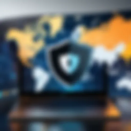 A visual representation of online privacy with a VPN shield symbol over a digital world map.