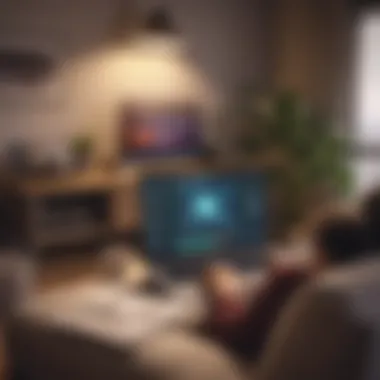 Cozy Movie Night Setup Person relaxing on a couch watching TCM on a laptop